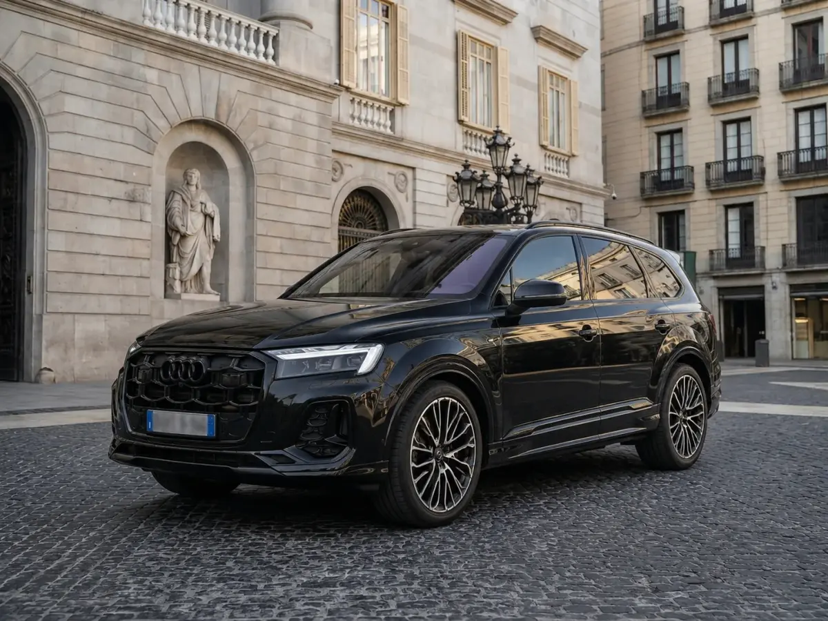 Audi Q7 50 TDI S-Line Edition 2025, side profile — Courchevel Luxury Car Rental, Courchevel. The Audi Q7 50 TDI S-Line Edition brings a diesel-fed 286 hp to a chassis built for…