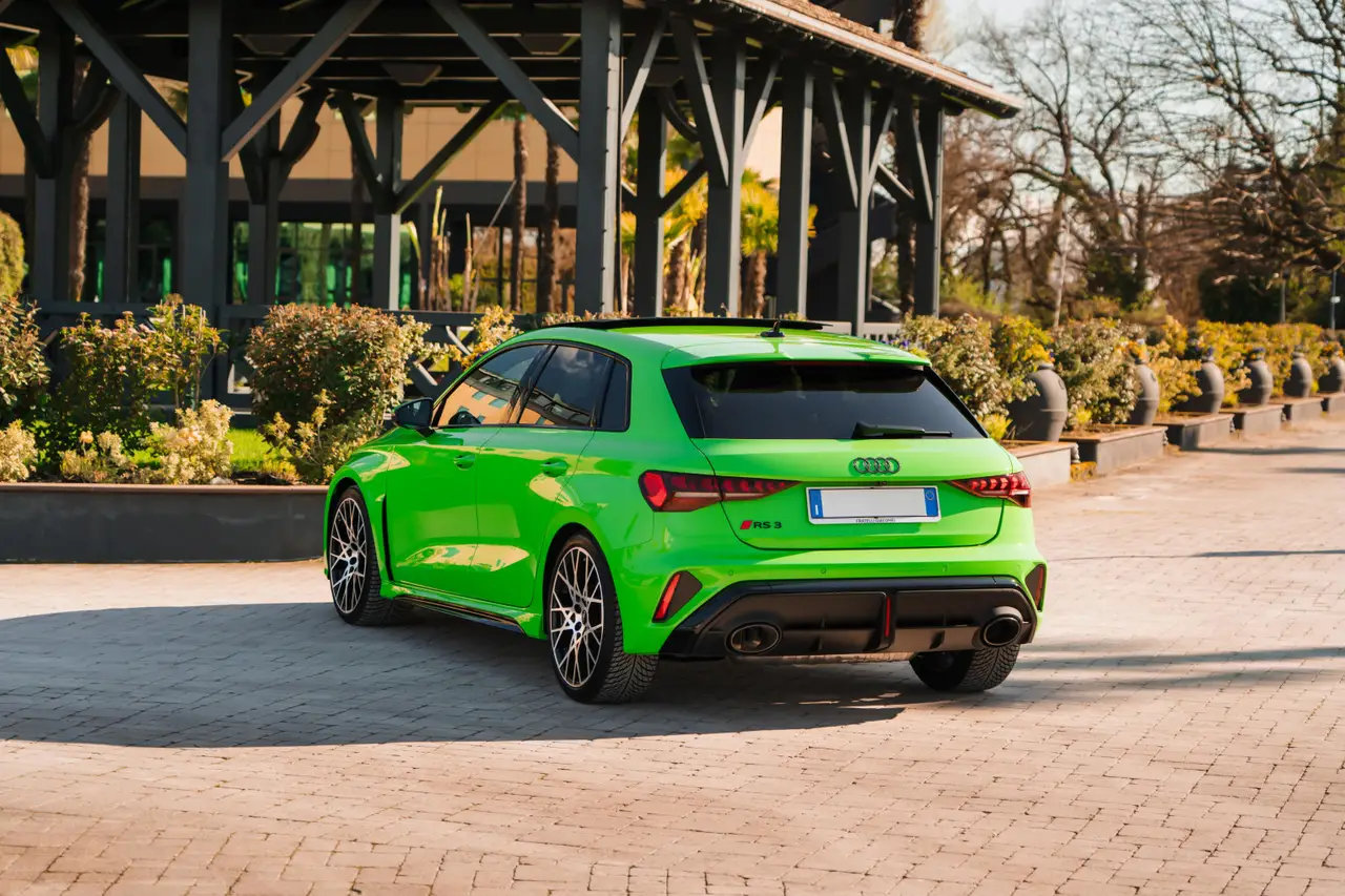 Audi RS3 Restyling 2025, exterior — Courchevel Luxury Car Rental, Courchevel. The 2025 Audi RS3 Restyling pairs a 400 hp five-cylinder engine with quattro all-wheel…