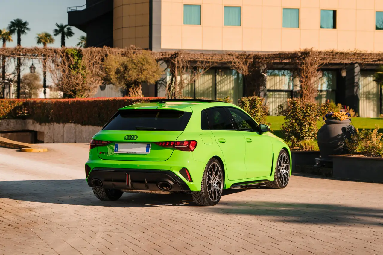 Audi RS3 Restyling 2025, rear view — Courchevel Luxury Car Rental, Courchevel. The 2025 Audi RS3 Restyling pairs a 400 hp five-cylinder engine with quattro all-wheel…