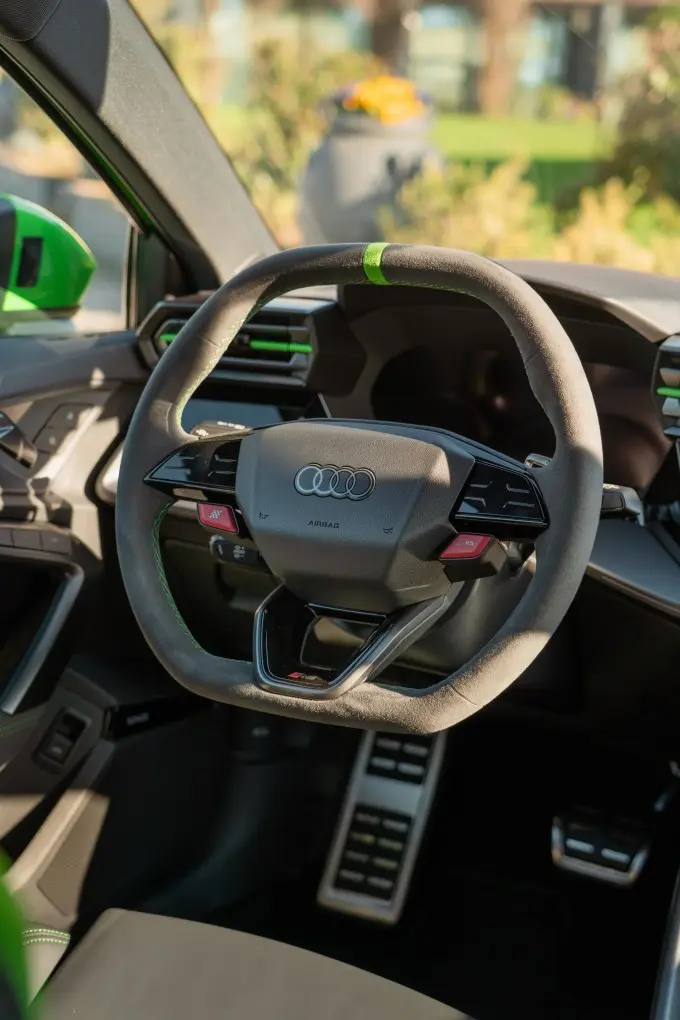 Audi RS3 Restyling 2025, interior — Courchevel Luxury Car Rental, Courchevel. The 2025 Audi RS3 Restyling pairs a 400 hp five-cylinder engine with quattro all-wheel…