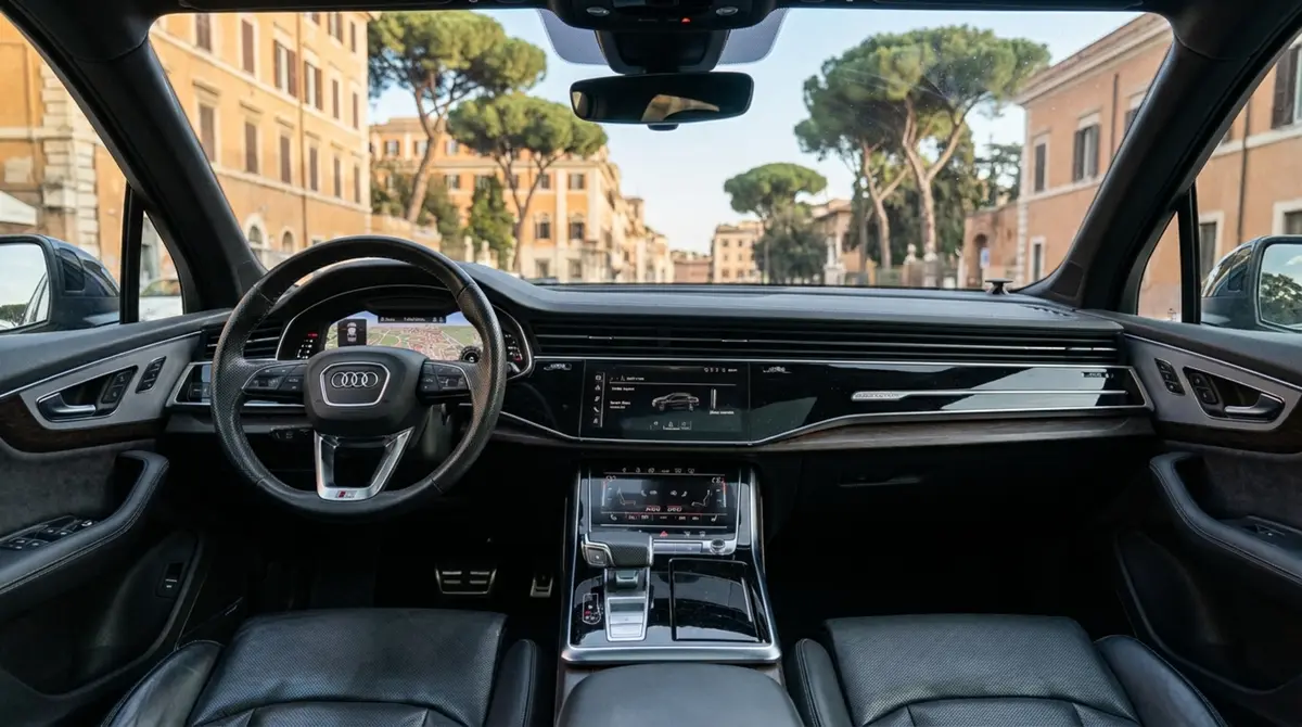 Audi SQ7 7seater 2023, rear view — Courchevel Luxury Car Rental, Courchevel. The Audi SQ7 pairs 530 hp with genuine seven-seat practicality, which makes it one of the…