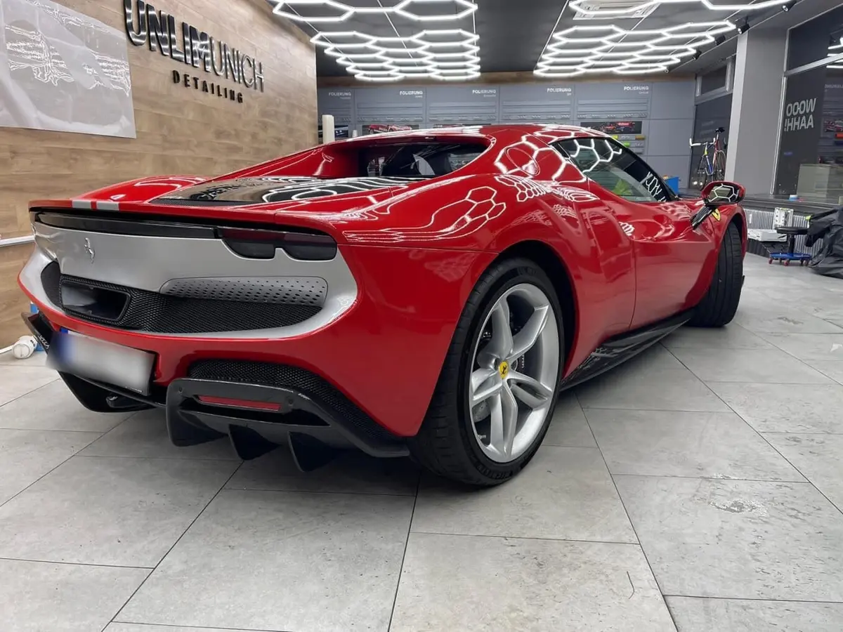 Ferrari 296 GTB 2023, exterior — Courchevel Luxury Car Rental, Courchevel. The Ferrari 296 GTB pairs a mid-engine chassis with 830 hp, and on the open sweeps toward…