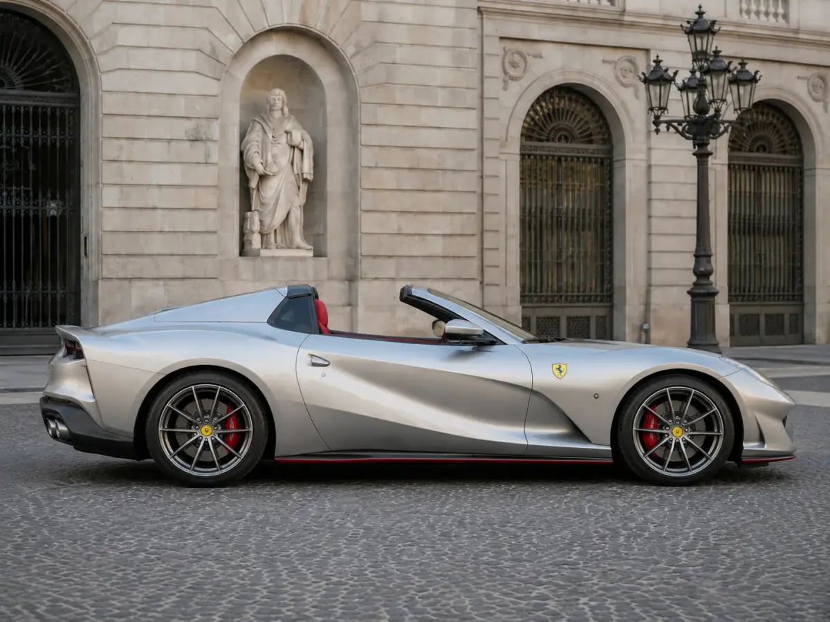 Ferrari 812 GTS 2024, side profile — Courchevel Luxury Car Rental, Courchevel. The Ferrari 812 GTS is a naturally aspirated V12 statement, 800 hp sent to the rear…