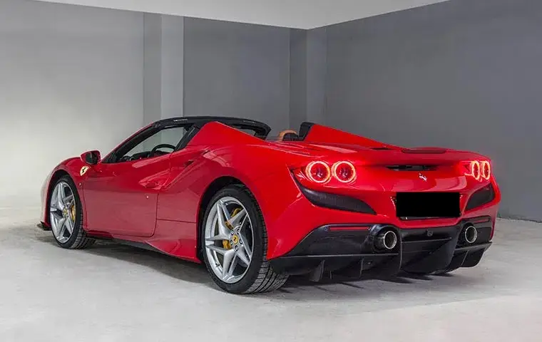 Ferrari F8 Tributo Spider Red 2023, interior — Courchevel Luxury Car Rental, Courchevel. The Ferrari F8 Tributo Spider pairs a 720 hp twin-turbo V8 with a two-seat cockpit and…