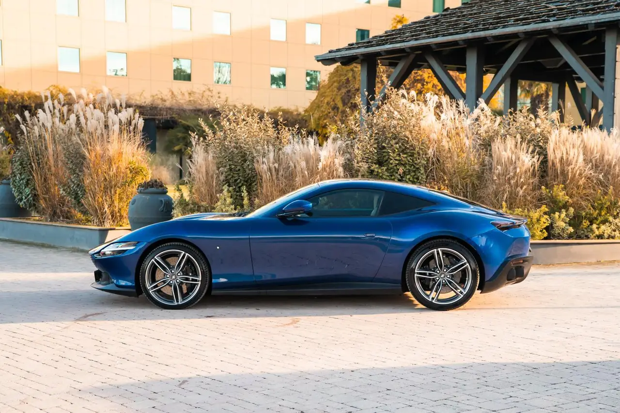 Ferrari Roma 2025, rear view — Courchevel Luxury Car Rental, Courchevel. The Ferrari Roma pairs a 620 hp V8 with a genuine 2+2 layout, which makes it one of the…