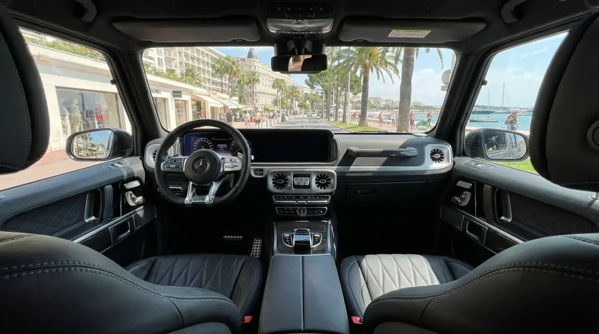 Mercedes Benz G63 2023, interior — Courchevel Luxury Car Rental, Courchevel. The Mercedes Benz G63 pairs a 585 hp V8 with the tall, square-shouldered stance that has…