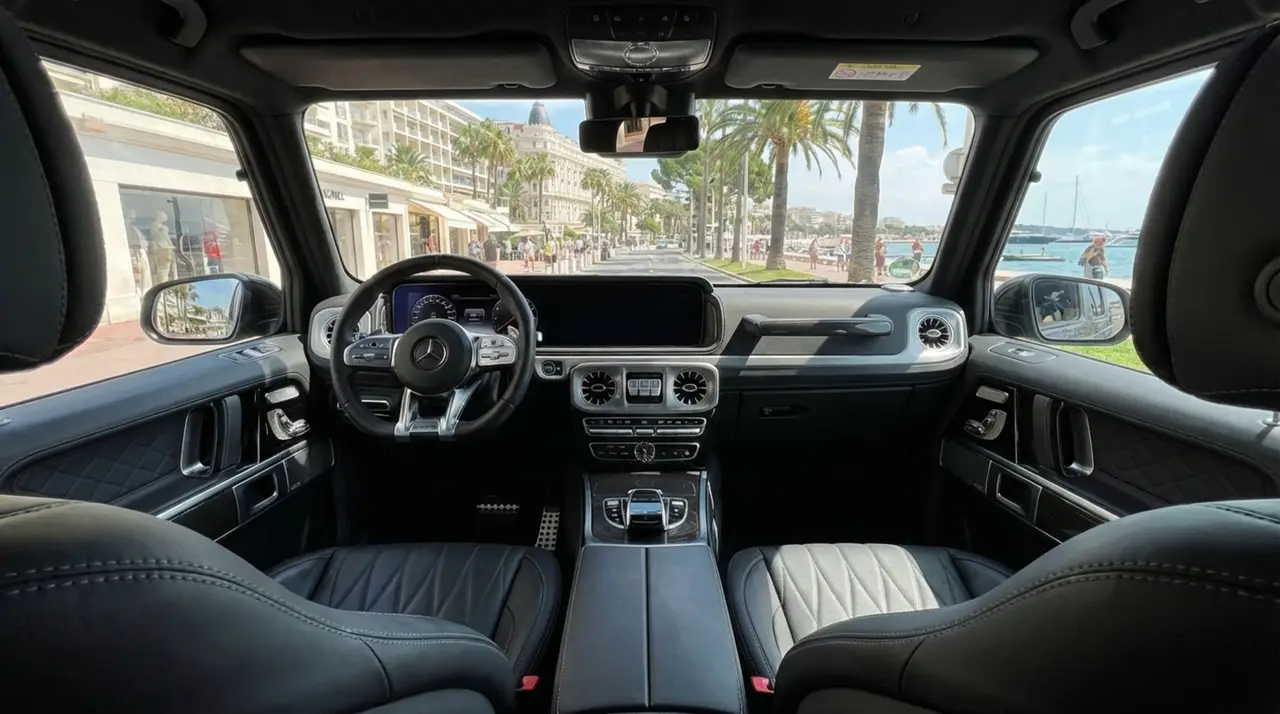 Mercedes Benz G63 2023, interior — Courchevel Luxury Car Rental, Courchevel. The Mercedes Benz G63 pairs a 585 hp V8 with the tall, square-shouldered stance that has…
