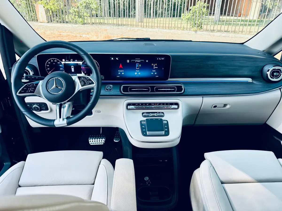 Mercedes Benz V300 4x4 XL VIP (Captain, 7 seat) 2025, rear view — Courchevel Luxury Car Rental, Courchevel. The Mercedes Benz V300 4x4 XL VIP is built for groups who need space and traction more…