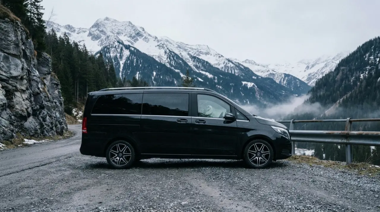 Mercedes Benz V300 8 seats 2025, rear view — Courchevel Luxury Car Rental, Courchevel. The Mercedes Benz V300, in this 2025 specification, is built around a simple brief: move…