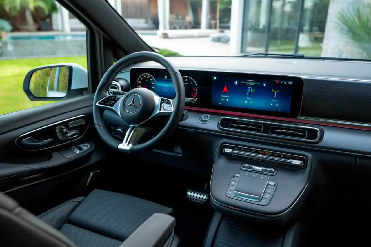 Mercedes Benz V300 8 seats 2025, dashboard — Courchevel Luxury Car Rental, Courchevel. The Mercedes Benz V300, in this 2025 specification, is built around a simple brief: move…