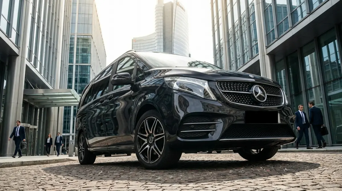 Mercedes V Class 2026, exterior — Courchevel Luxury Car Rental, Courchevel. The Mercedes Benz V Class is the practical answer for a group or family arriving in…