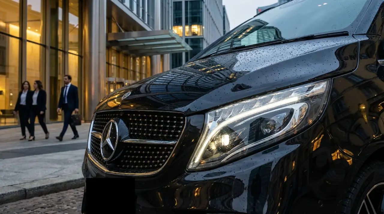 Mercedes V Class 2026, front view — Courchevel Luxury Car Rental, Courchevel. The Mercedes Benz V Class is the practical answer for a group or family arriving in…