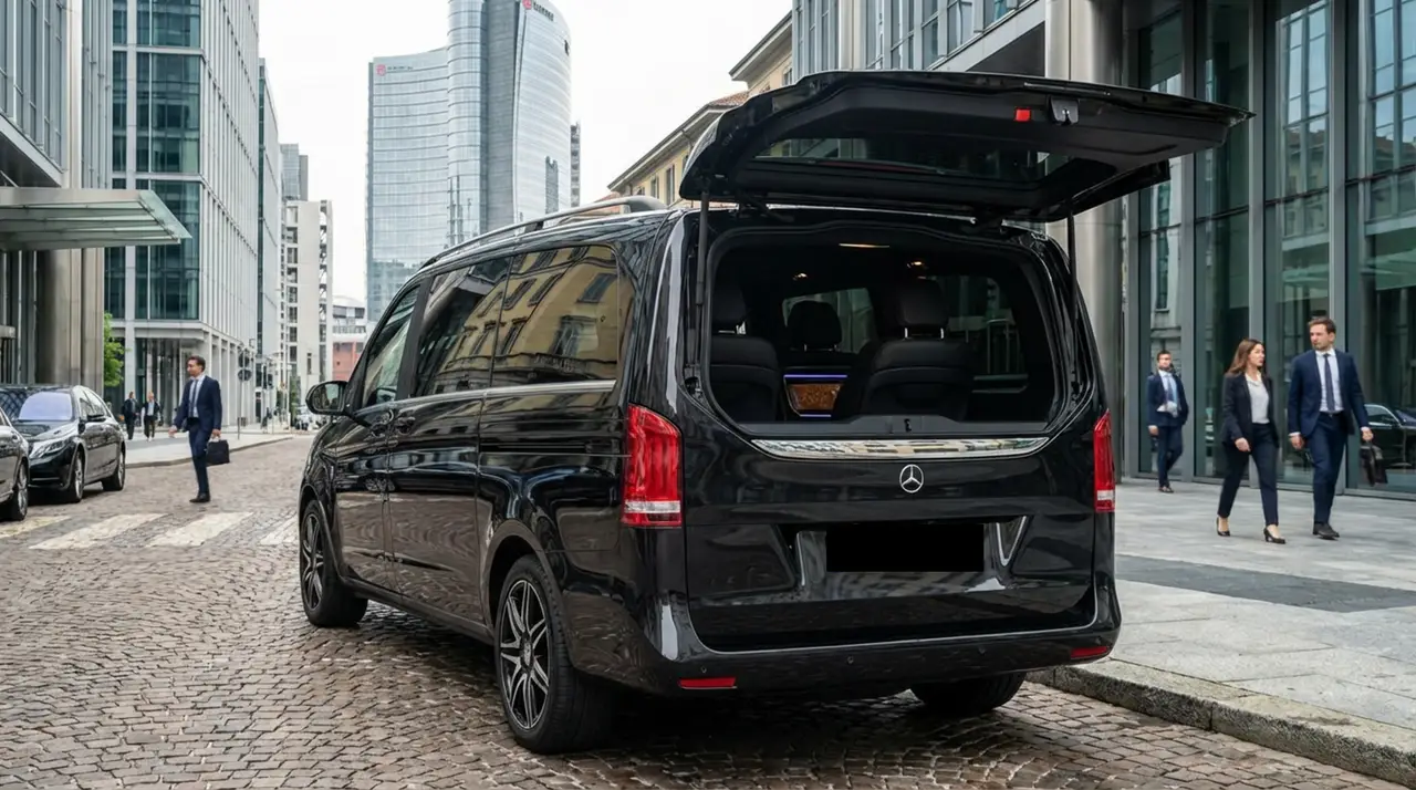 Mercedes V Class 2026, rear view — Courchevel Luxury Car Rental, Courchevel. The Mercedes Benz V Class is the practical answer for a group or family arriving in…