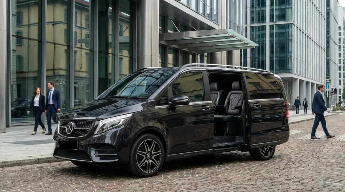 Mercedes V Class 2026, interior — Courchevel Luxury Car Rental, Courchevel. The Mercedes Benz V Class is the practical answer for a group or family arriving in…